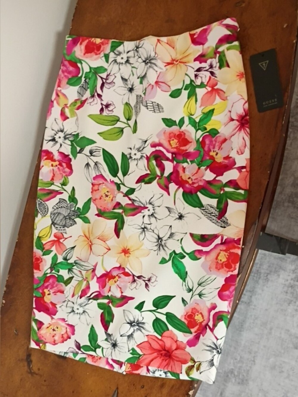 Guess White Floral Pencil Skirt with Pink and Green Blooms